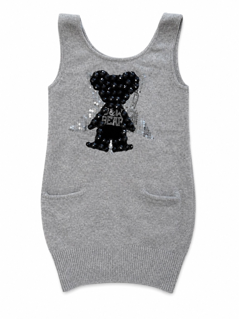 Black & White Bear Girls Gray Knit Sweater Dress Beaded Teddy Pom Pom Hood Size